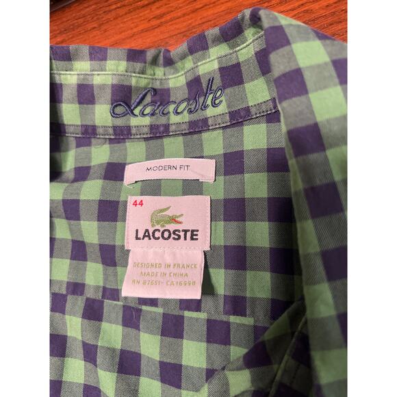 Lacoste Mens 44 Large Modern Fit Green & Navy Gingham Plaid Button Up L/S Shirt - Picture 8 of 11